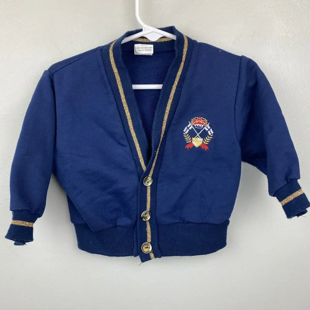 Vintage cardigan baby 18mos blue long sleeve navy coat of arms 90s